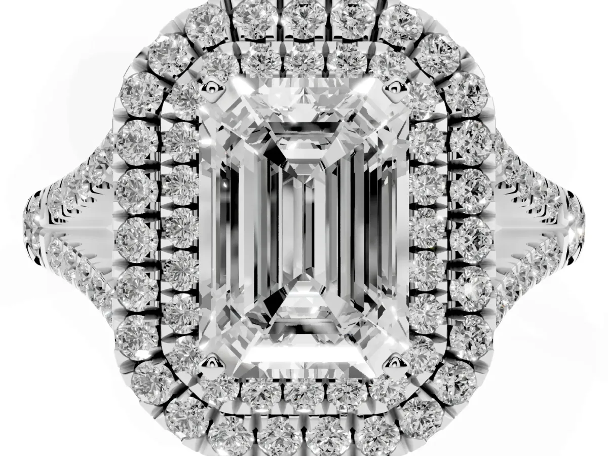 Emerald Cut Diamond Pavé Split Shank Double Halo Engagement Ring Silver
