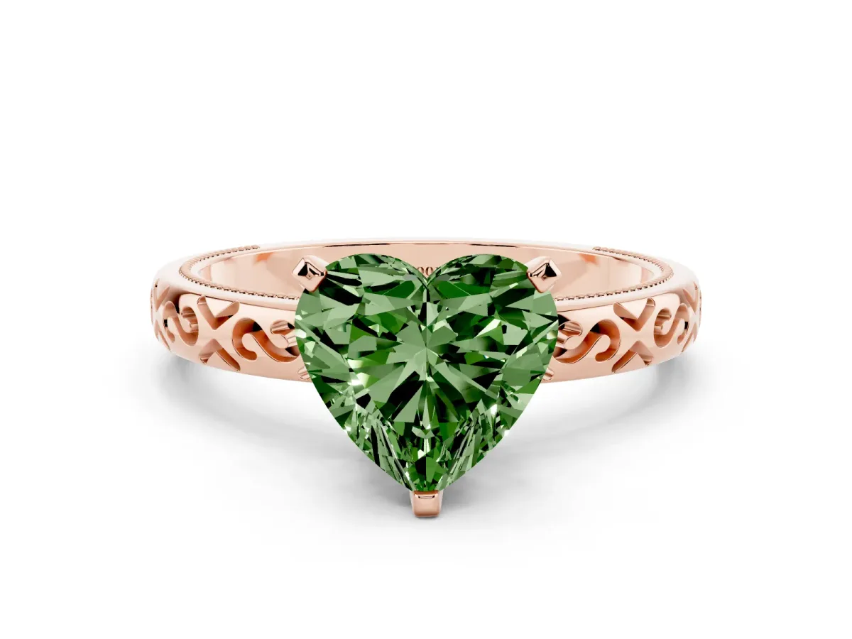 Fancy Green Heart Cut Solitaire Engagement Ring with Scrollwork Band and Four-Prong Setting Rose gold