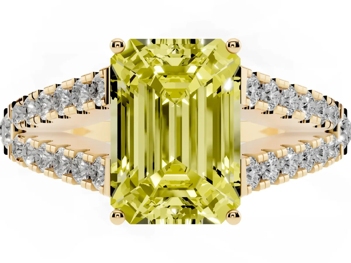 Fancy Yellow Emerald Cut Diamond Split Shank Pavé Engagement Ring with Four-Prong Setting Yellow gold