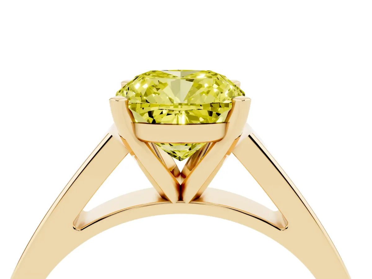 Fancy Yellow Cushion Cut Solitaire Engagement Ring with Four-Prong Setting and Tapered Band Yellow gold