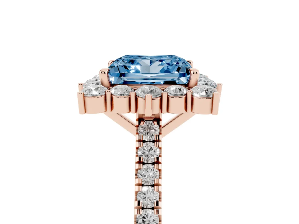 Fancy Blue Princess Cut Halo Diamond Ring with Pavé Band and Prong Setting Rose gold