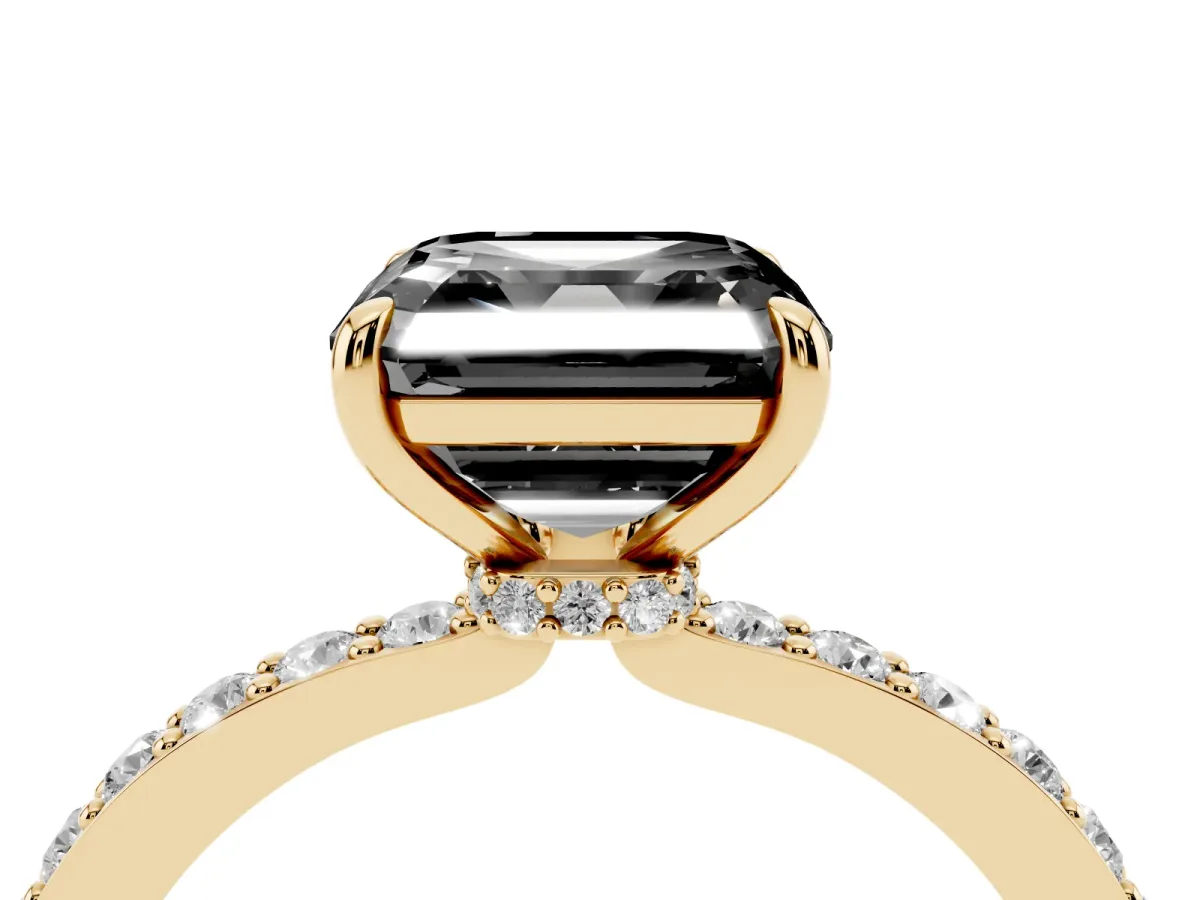 Fancy Black Asscher Cut Diamond Solitaire Engagement Ring with Pavé Band and Four-Prong Setting Yellow gold