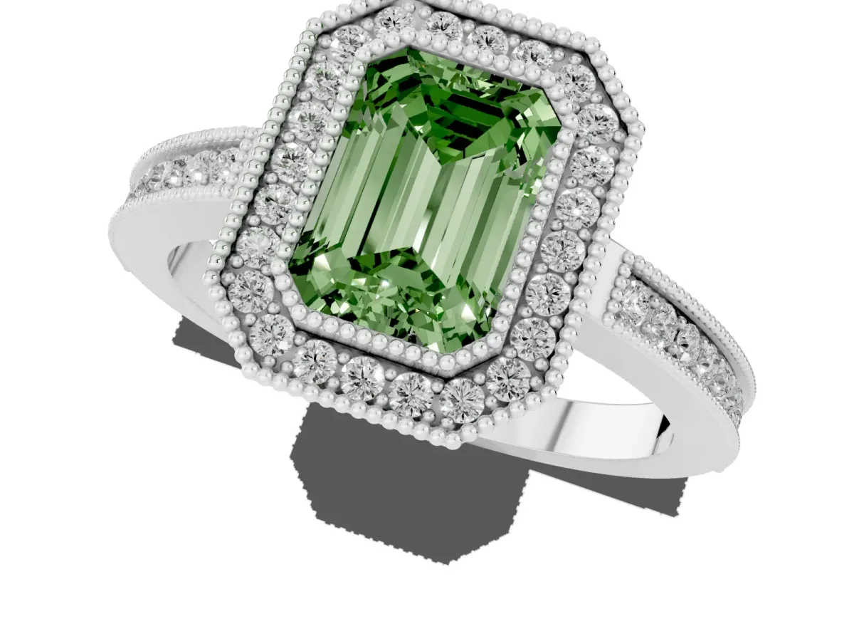Fancy Green Emerald Cut Cut Halo Diamond Ring with Pavé Band and Milgrain Prong Setting White gold