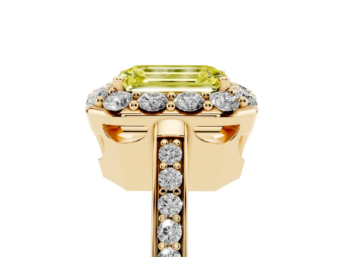 Fancy Yellow Emerald Cut Diamond Floral Halo Ring with Pavé Band and Prong Setting Yellow gold