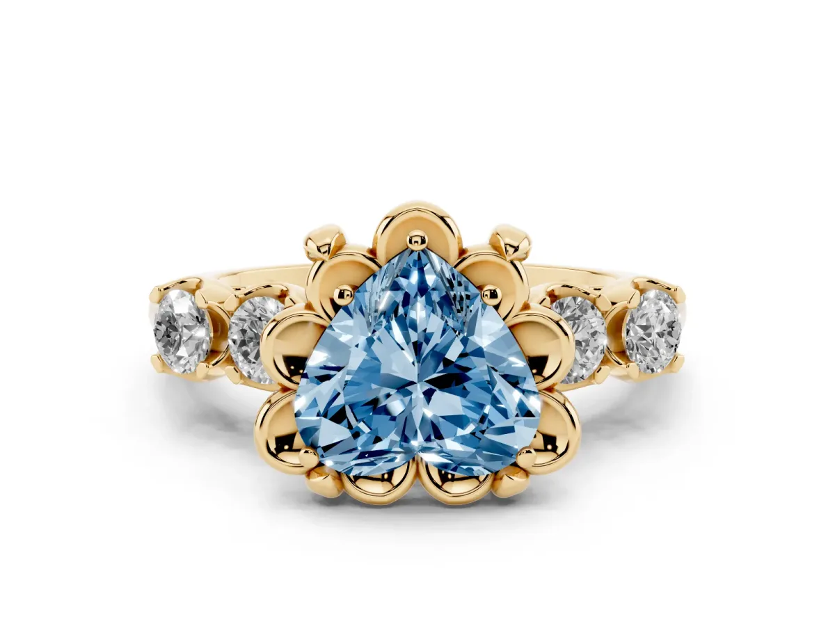 Fancy Blue Heart Cut Cut Diamond Floral Halo Engagement Ring with Shared Prong Setting Yellow gold