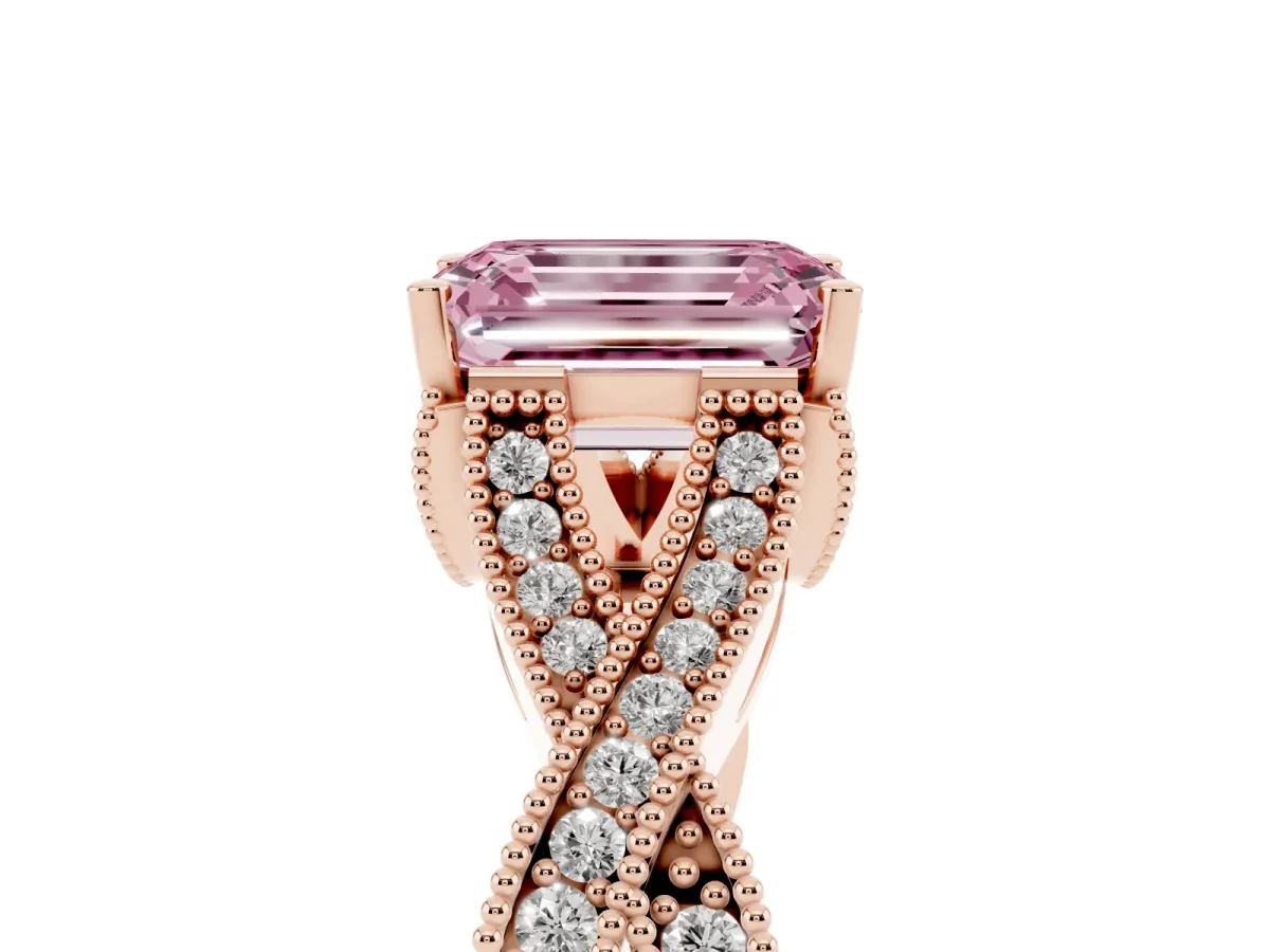 Fancy Pink Emerald Cut Cut Diamond Twisted Band with Milgrain Pave Setting and Four-Prong Setting Rose gold