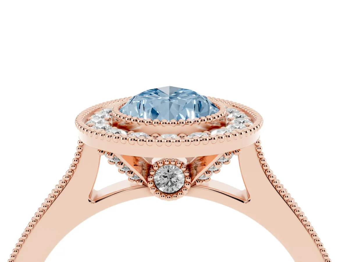 Fancy Blue Halo Pear Cut-Cut Diamond Pave Band Milgrain Prong Setting Ring Rose gold