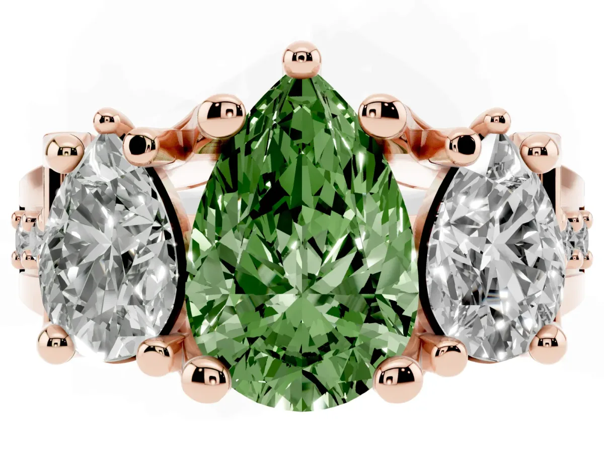 Fancy Green Pear Cut Diamond Three-Stone Ring with Channel Set Band and Four-Prong Setting Rose gold