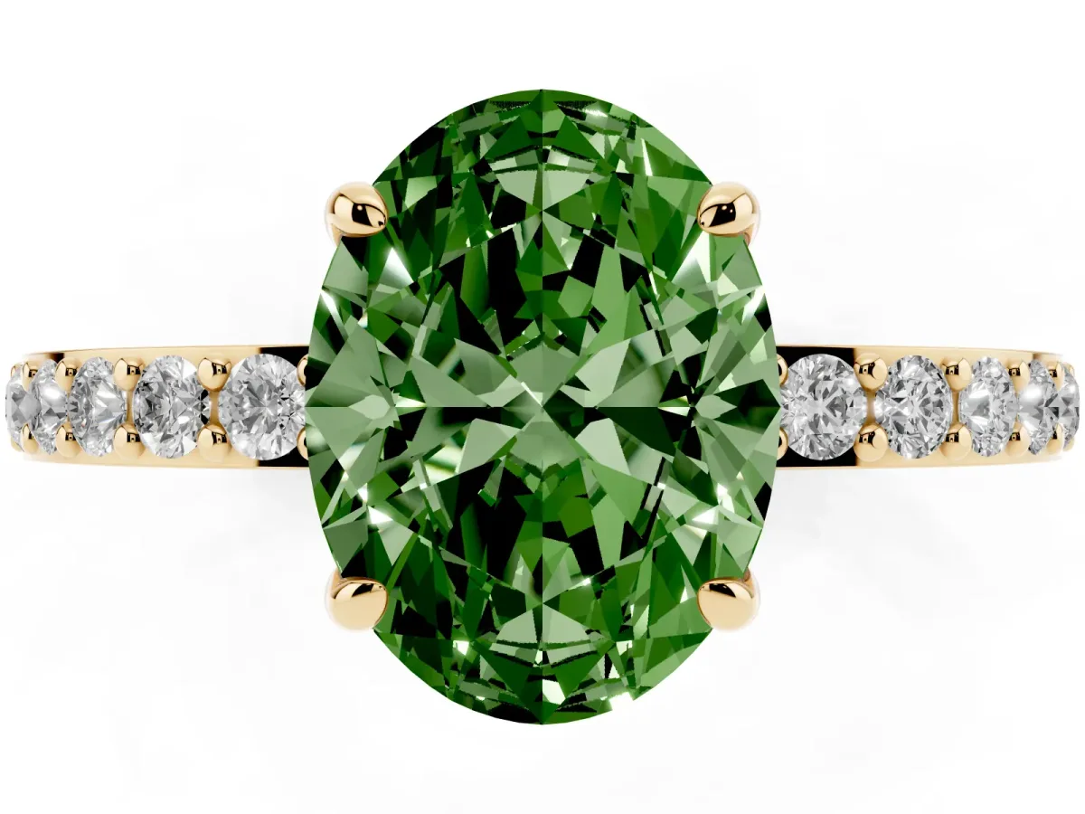 Fancy Green Oval Cut Diamond Pavé Engagement Ring with Round Accents and Prong Setting Yellow gold