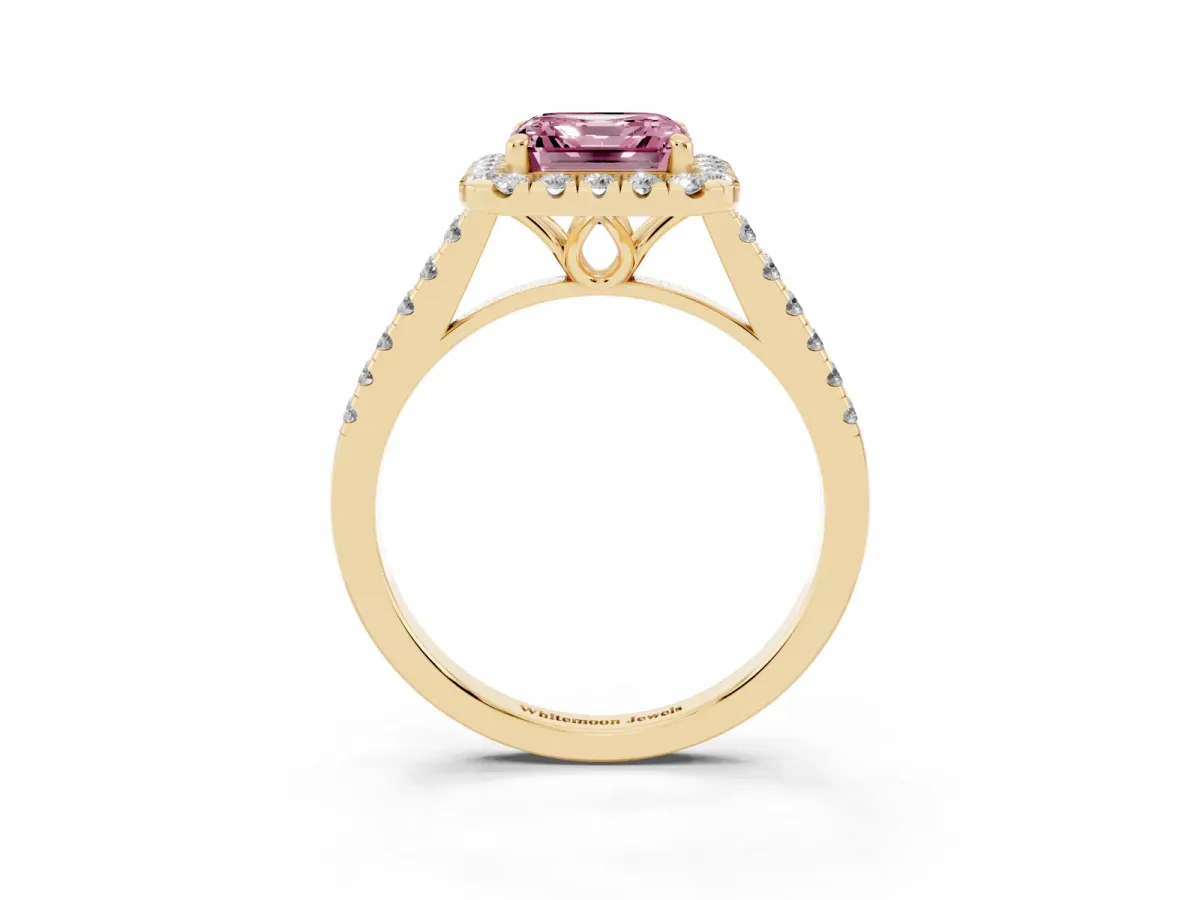 Fancy Pink Asscher Cut Halo Pavé Diamond Engagement Ring with Four-Prong Setting Yellow gold