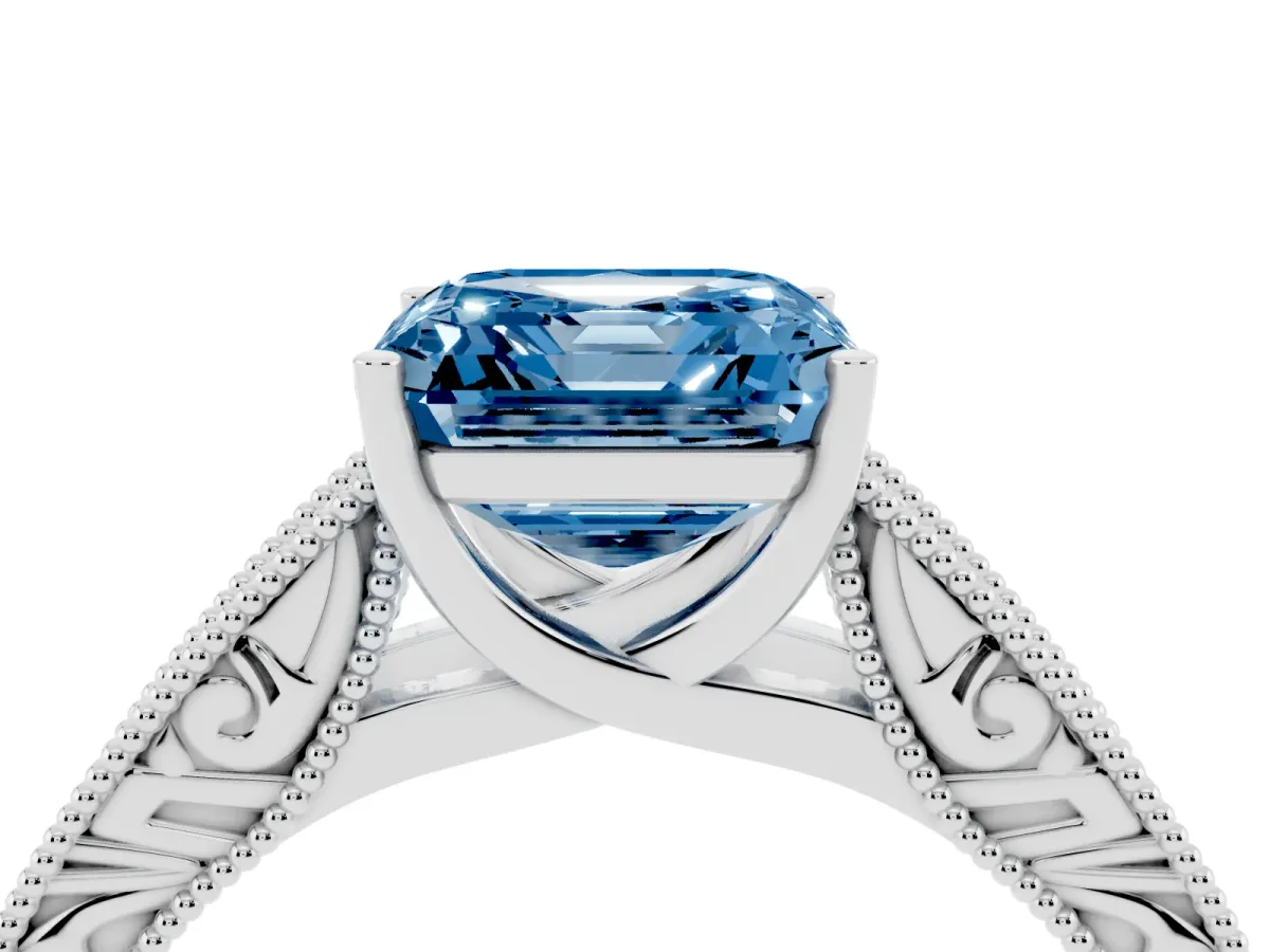 Fancy Blue Asscher Cut Diamond Solitaire Ring with Engraved Band and Four-Prong Setting White gold