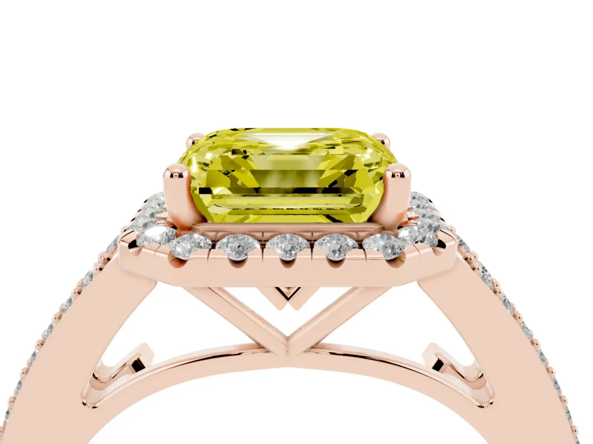 Fancy Yellow Asscher Cut Halo Split Shank Diamond Ring with Prong Setting Rose gold