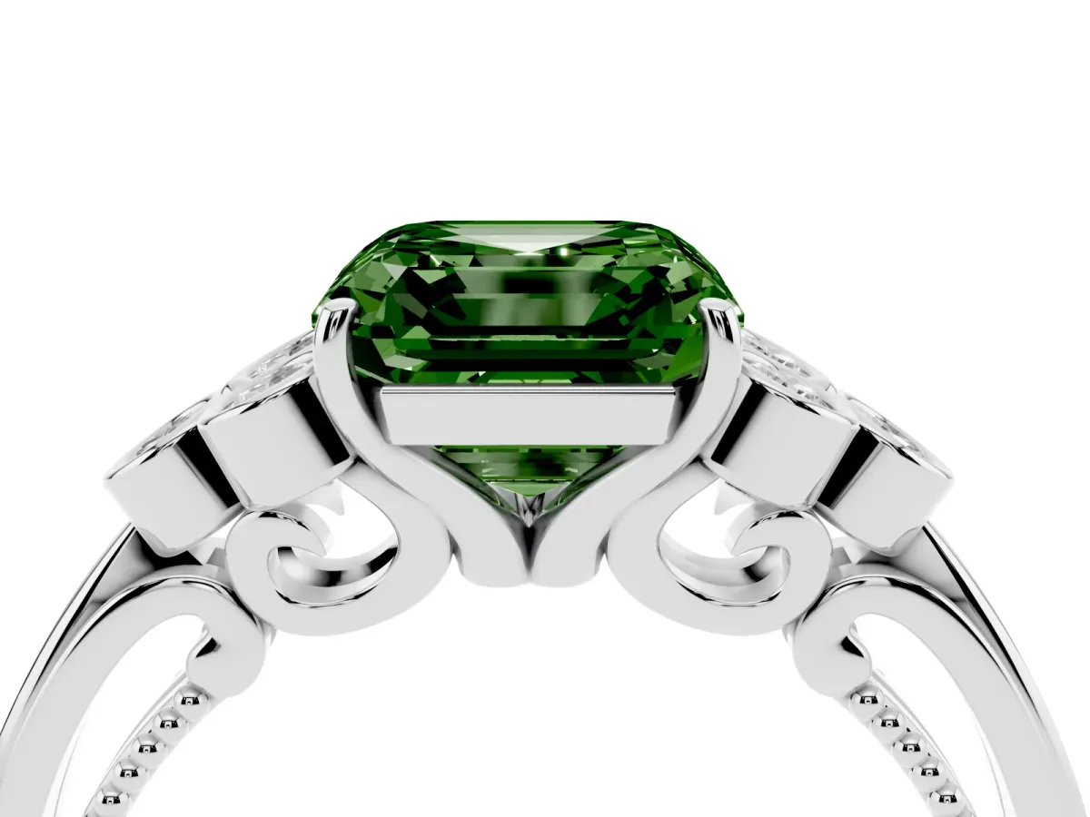 Fancy Green Asscher Cut Cut Diamond Engagement Ring with Bezel Set Round Side Stones and Prong Setting Platinum