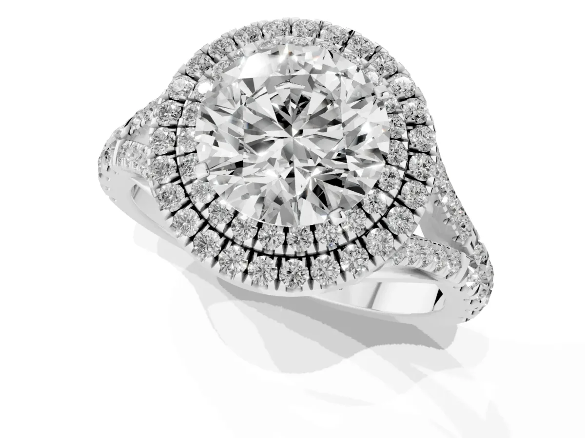 Round Cut Diamond Pavé Split Shank Double Halo Engagement Ring Platinum
