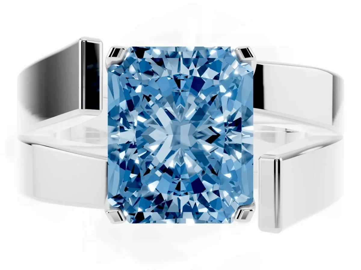 Fancy Blue Modern Tension Set Radiant Cut Diamond Solitaire Wide Band Ring Silver