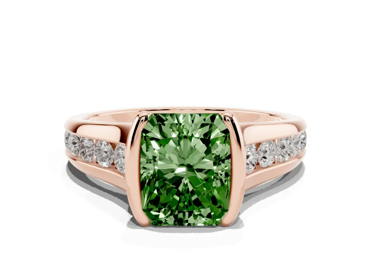 Fancy Green Radiant Cut Solitaire Bezel-Set Diamond Ring with Channel-Set Band Rose gold