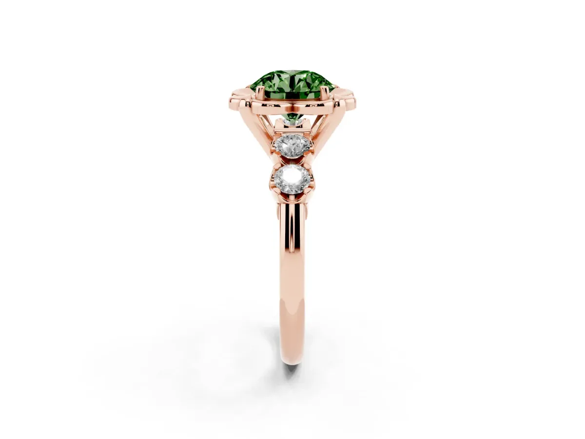 Fancy Green Round Cut Cut Diamond Floral Halo Engagement Ring with Shared Prong Setting Rose gold