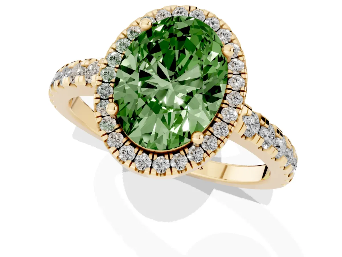 Fancy Green Oval Cut Diamond Halo Ring with Pavé Band and Four-Prong Setting Yellow gold