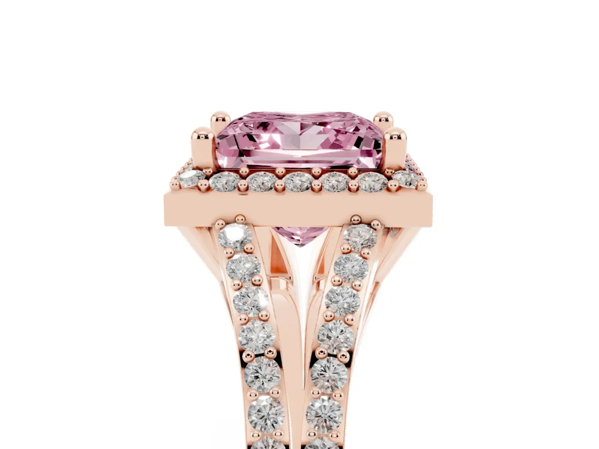 Fancy Pink Princess Cut Halo Split Shank Pave Diamond Ring with Four-Prong Setting Rose gold