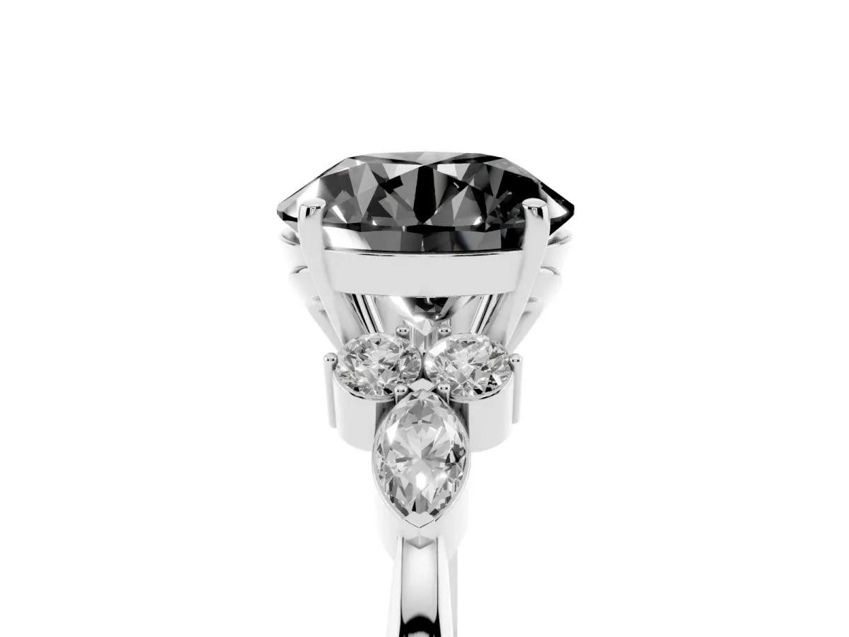 Fancy Black Round Cut Brilliant Diamond Solitaire Ring with Pear Side Stones and Four-Prong Setting Platinum