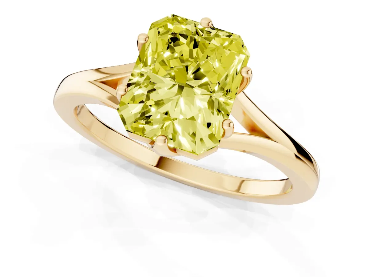 Fancy Yellow Radiant Cut Solitaire Diamond Ring with Six-Prong Setting and Tapered Band Yellow gold