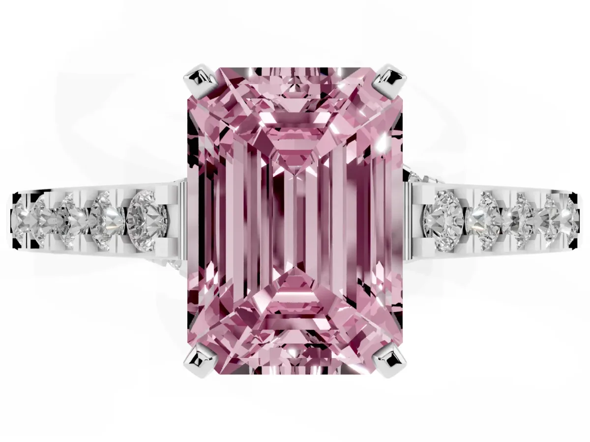 Fancy Pink Emerald Cut Diamond Solitaire Ring with Crossover Gallery and Round Pavé Band Platinum