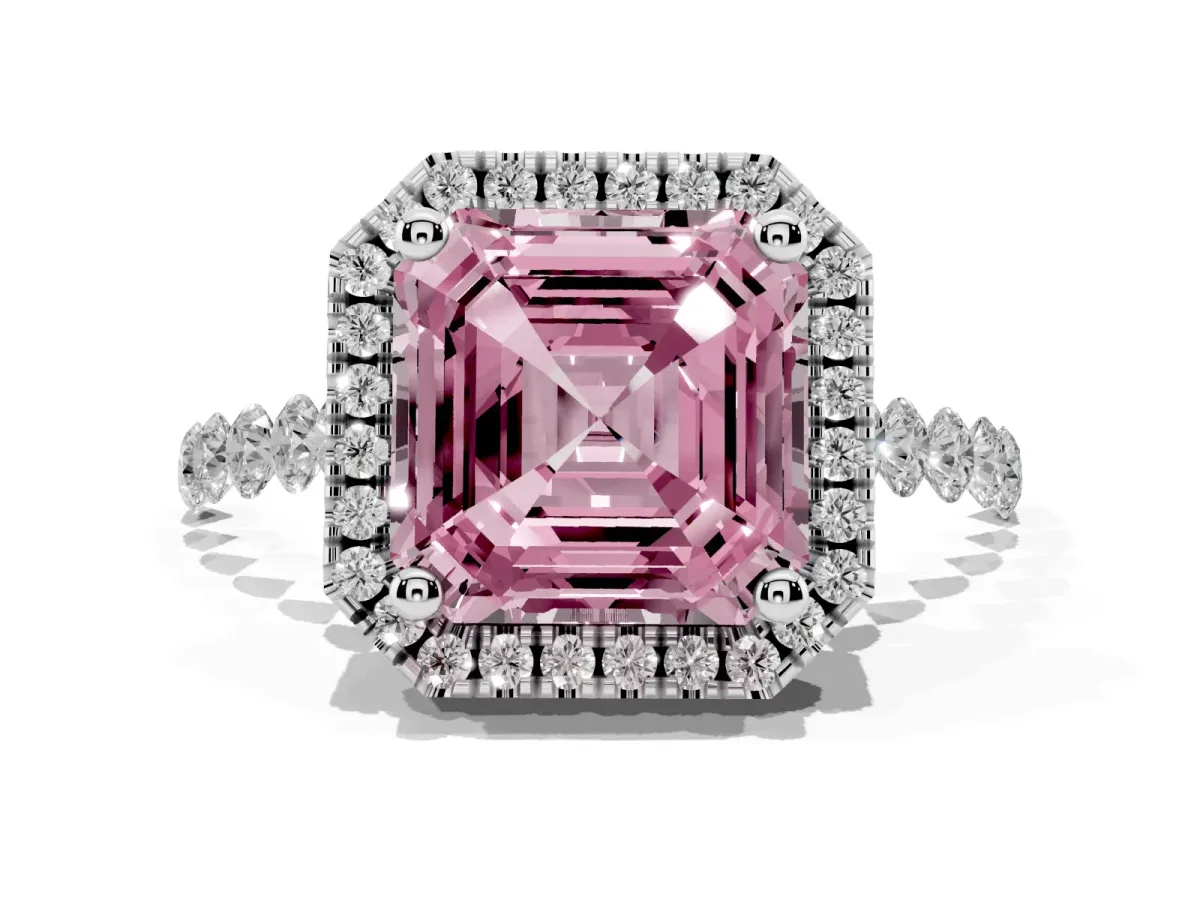 Fancy Pink Asscher Cut Halo Pavé Diamond Engagement Ring with Four-Prong Setting Platinum
