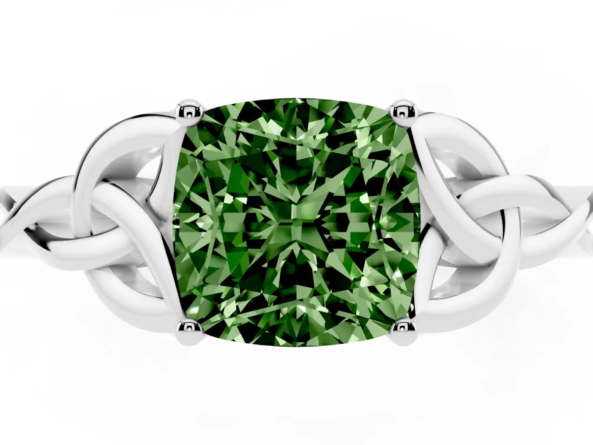Fancy Green Cushion Cut Diamond Solitaire Engagement Ring with Celtic Knot Band and Four-Prong Setting Platinum