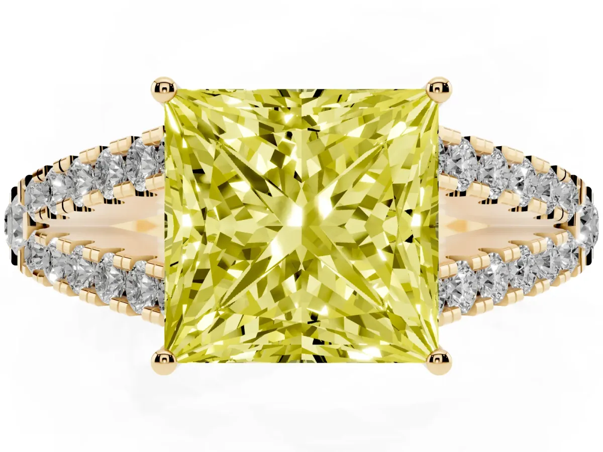 Fancy Yellow Princess Cut Diamond Split Shank Engagement Ring with Round Pavé and Prong Setting Yellow gold