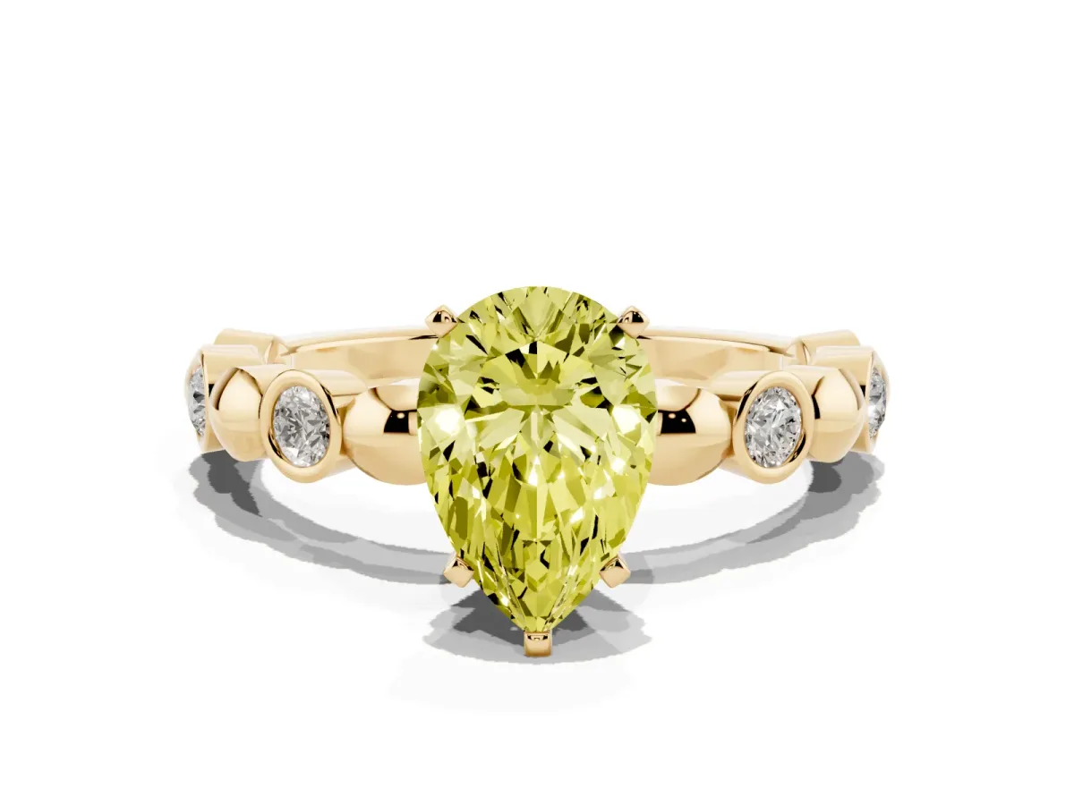 Fancy Yellow Pear Cut Solitaire Bezel-Set Diamond Ring with Beaded Band and Four-Prong Setting Yellow gold
