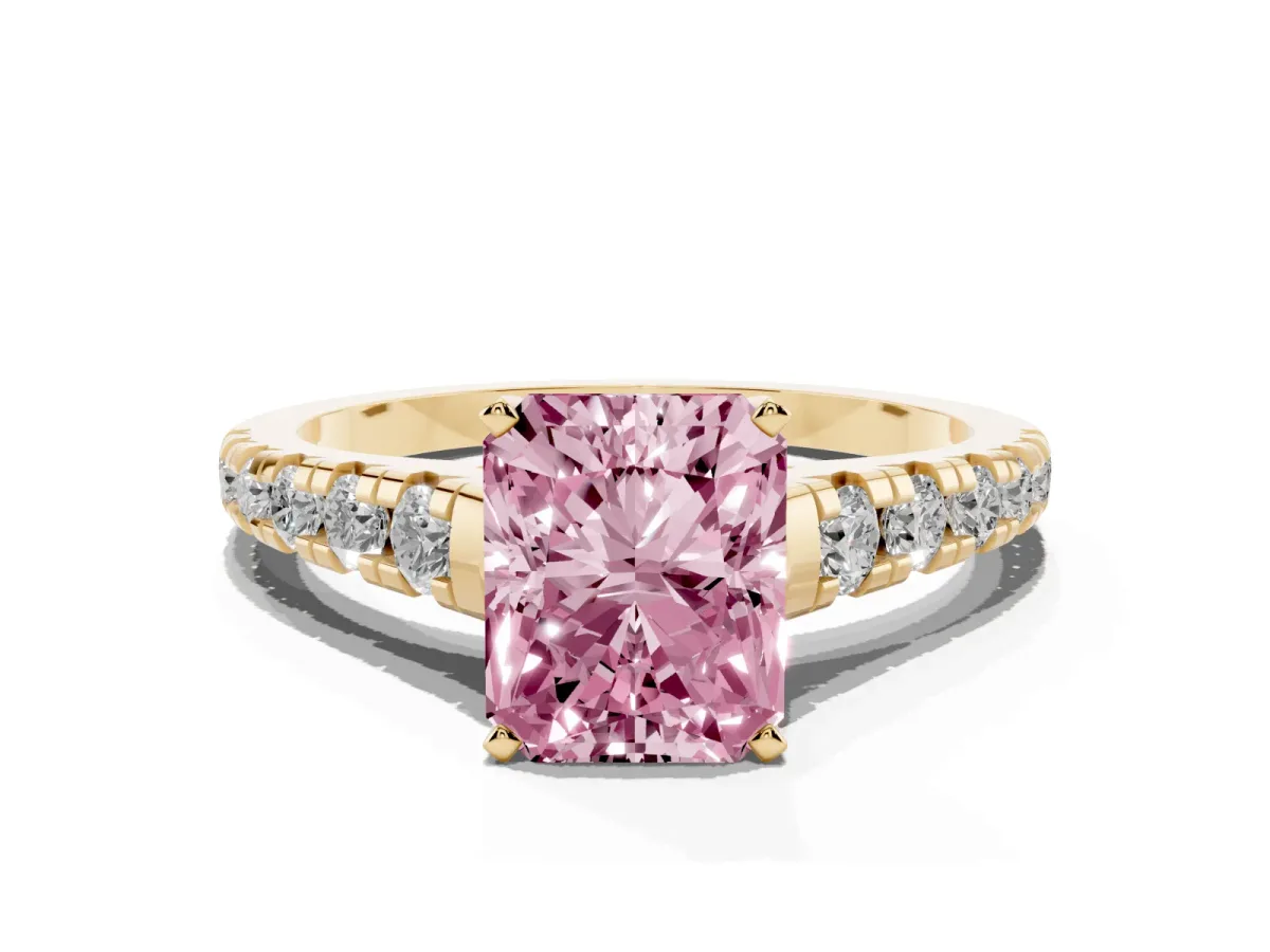 Fancy Pink Radiant Cut Diamond Cathedral Solitaire Ring with Round Pavé Band Yellow gold