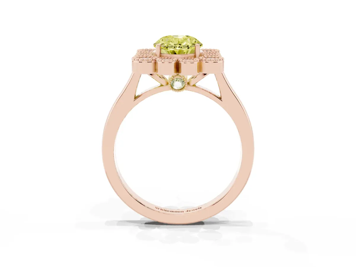 Fancy Yellow Oval Cut Halo Diamond Cluster Engagement Ring with Milgrain Bezel Setting and Solitaire Band Rose gold
