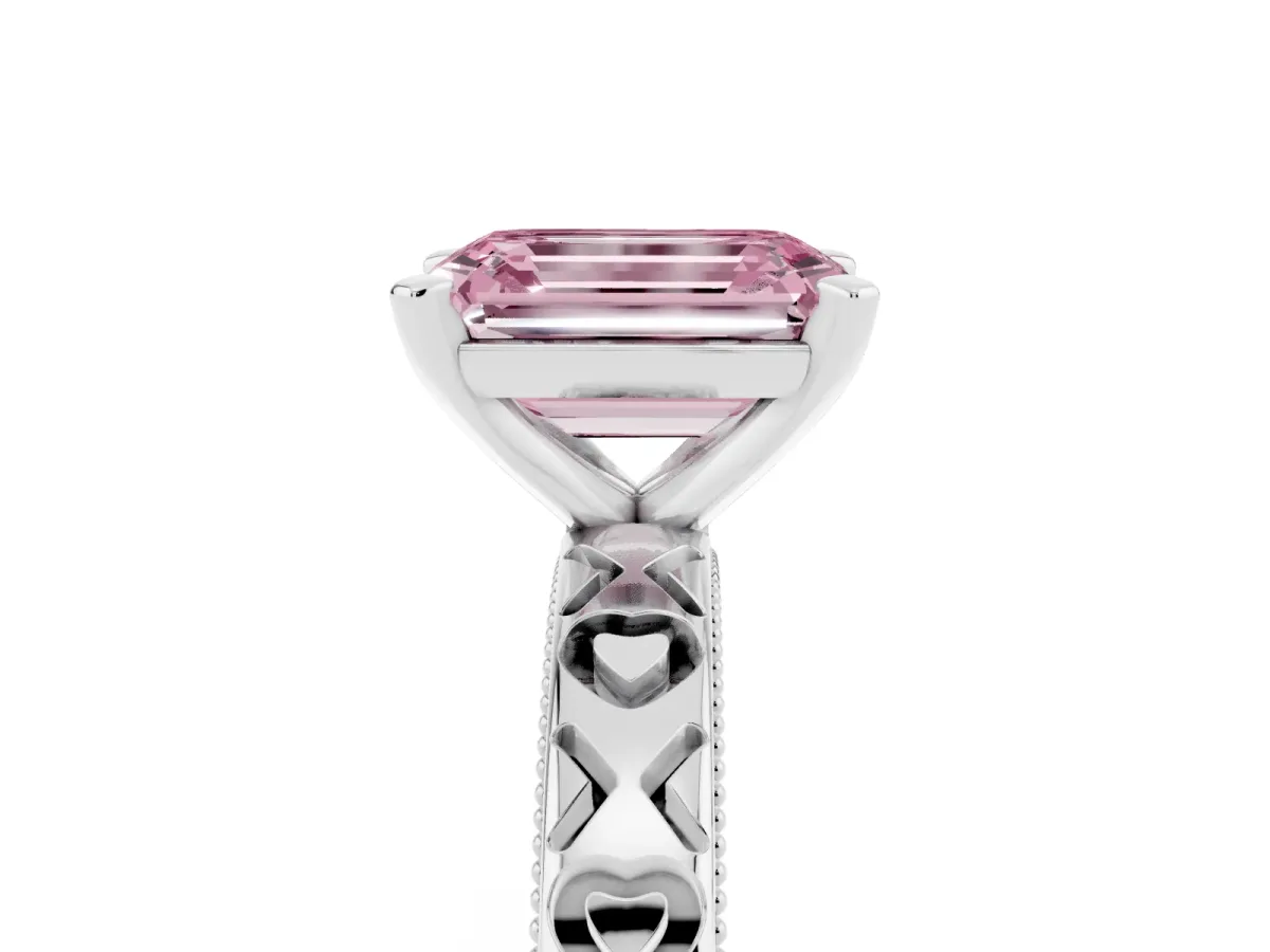 Fancy Pink Emerald Cut Solitaire Diamond Engagement Ring with XO Engraved Band and Four-Prong Setting Silver