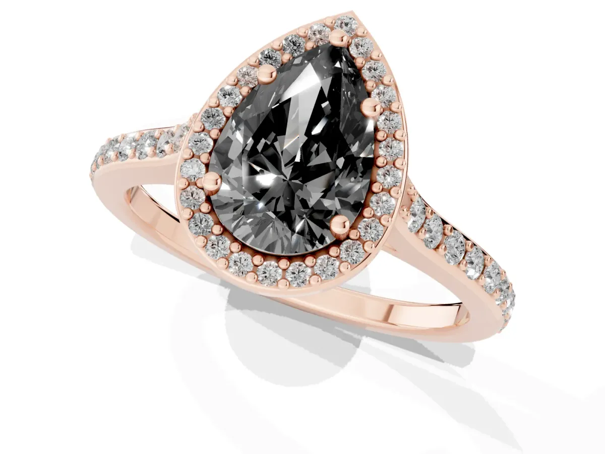 Fancy Black Pear Cut Diamond Halo Engagement Ring with Round Pavé Shoulders and Prong Setting Rose gold