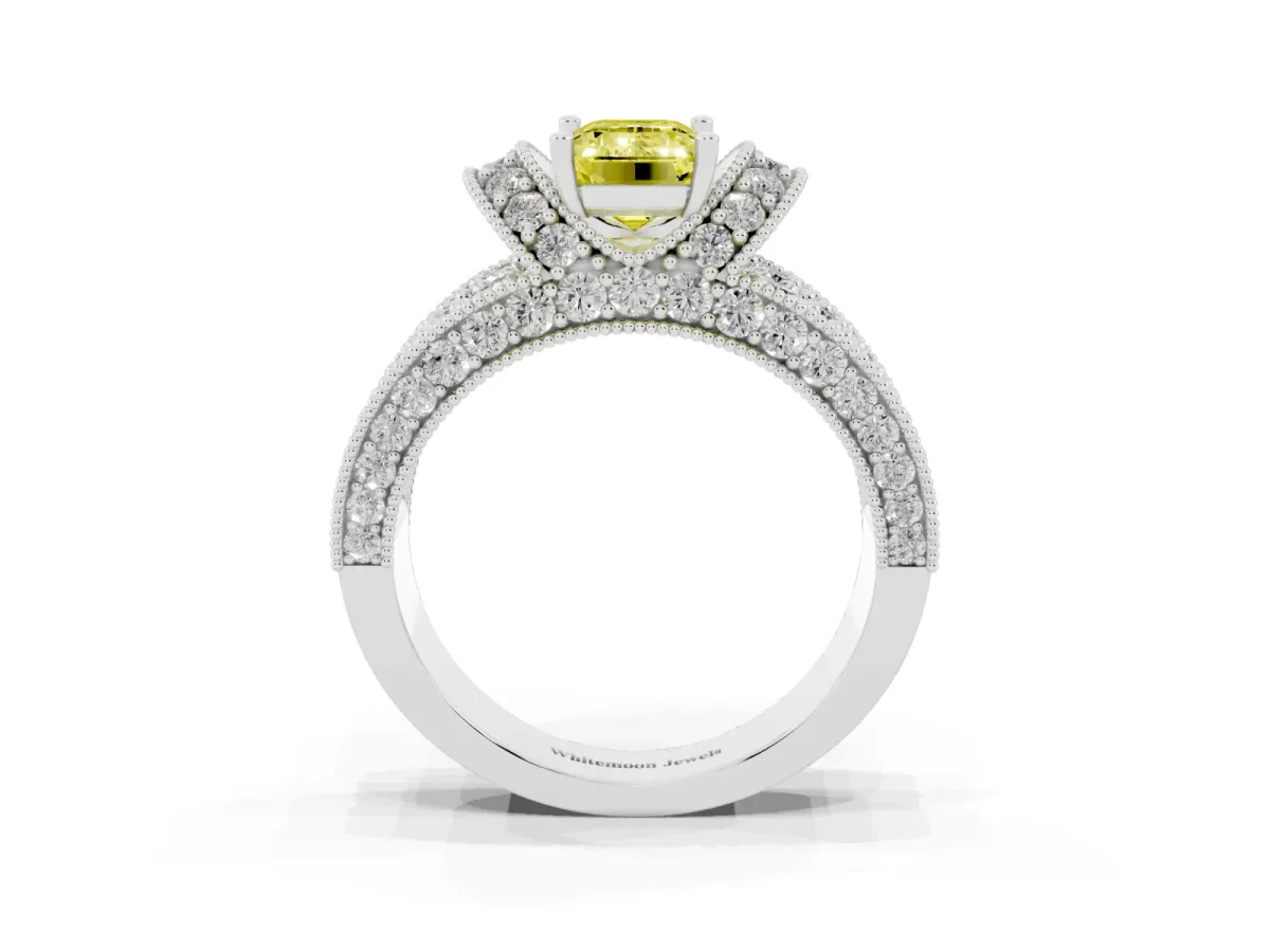 Fancy Yellow Emerald Cut Halo Pave Diamond Engagement Ring with Milgrain Detailing Silver