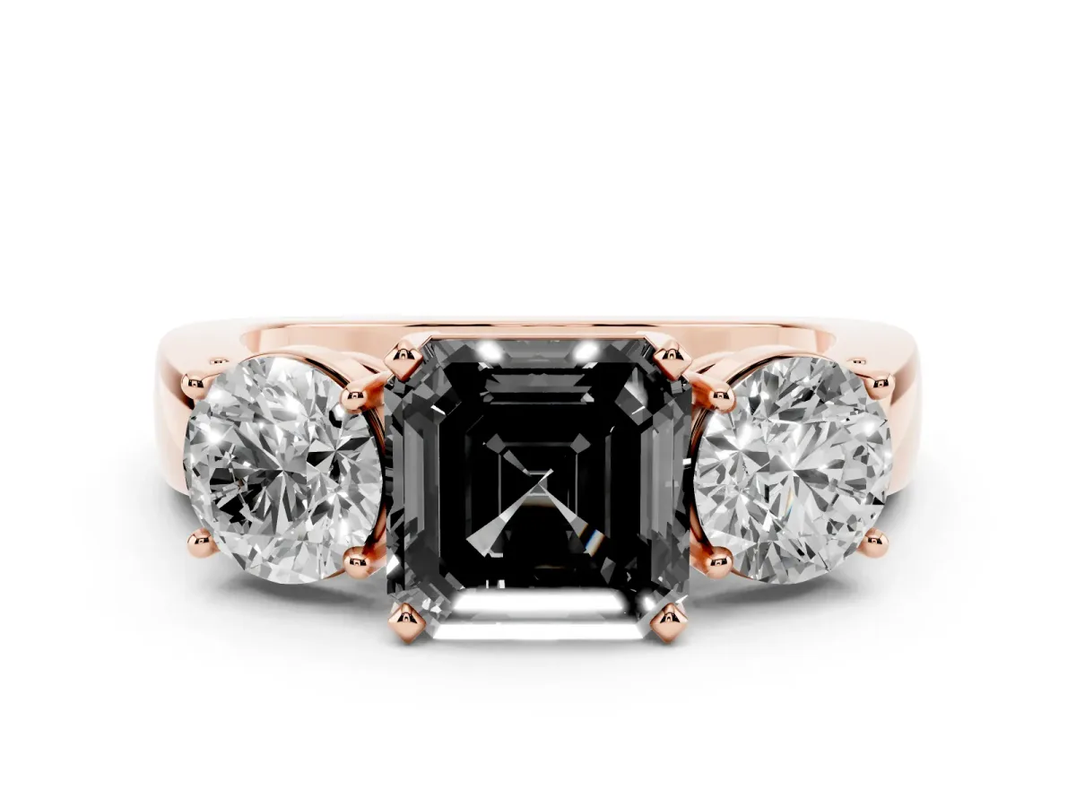 Fancy Black Three-Stone Asscher Cut Diamond Ring with Round Side Stones, Classic Band, and Four-Prong Setting Rose gold
