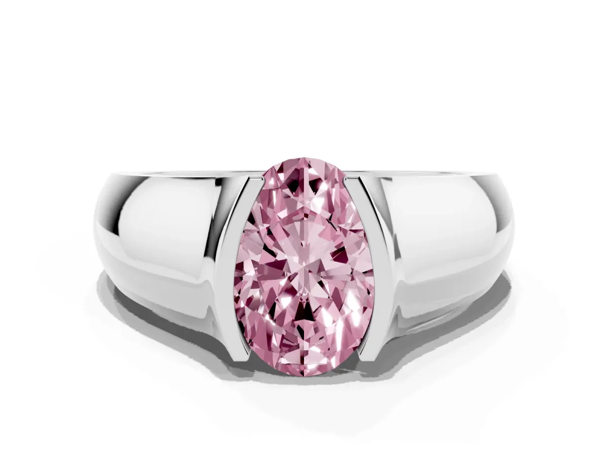 Fancy Pink Oval Cut Solitaire Bezel Set Diamond Ring with Wide Band Silver