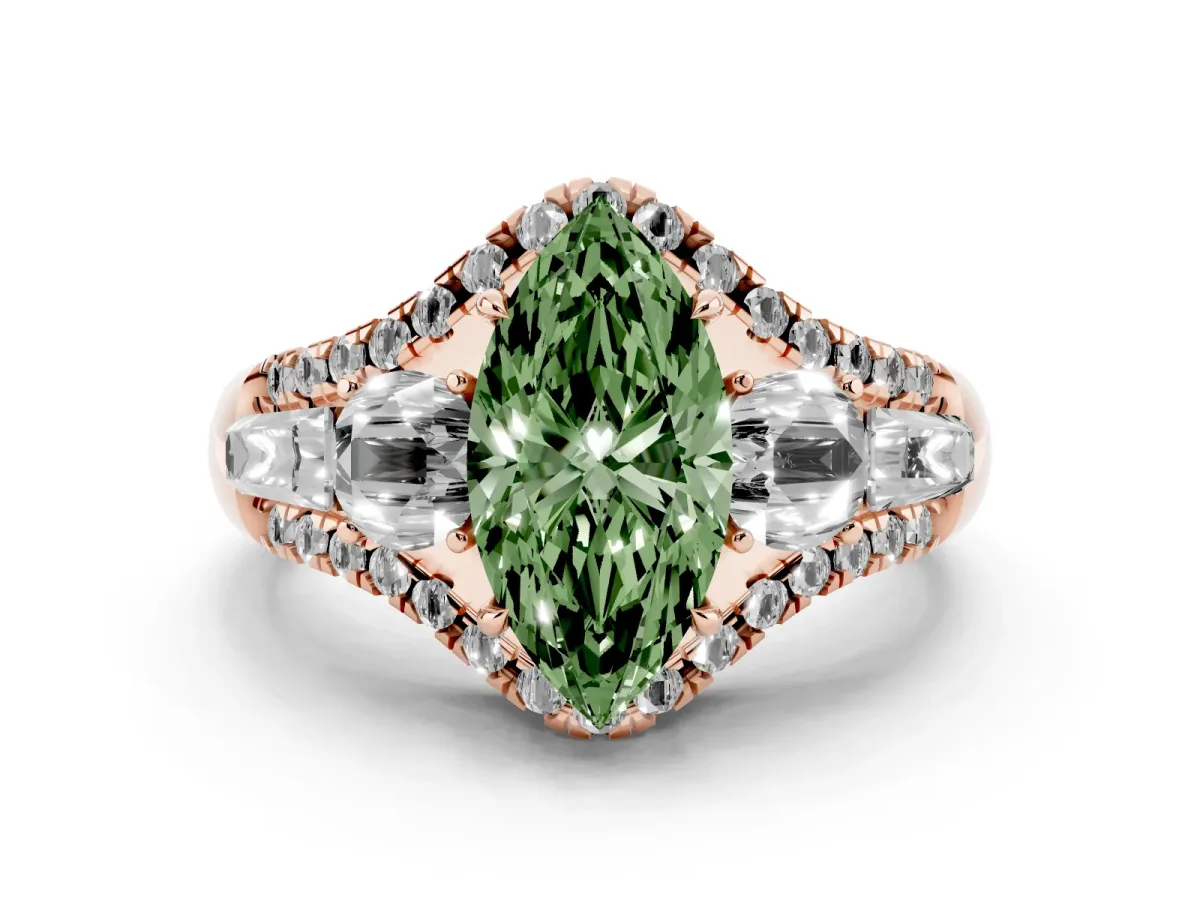 Fancy Green Three-Stone Marquise Cut Diamond Engagement Ring with Pave Band and Prong Setting Rose gold