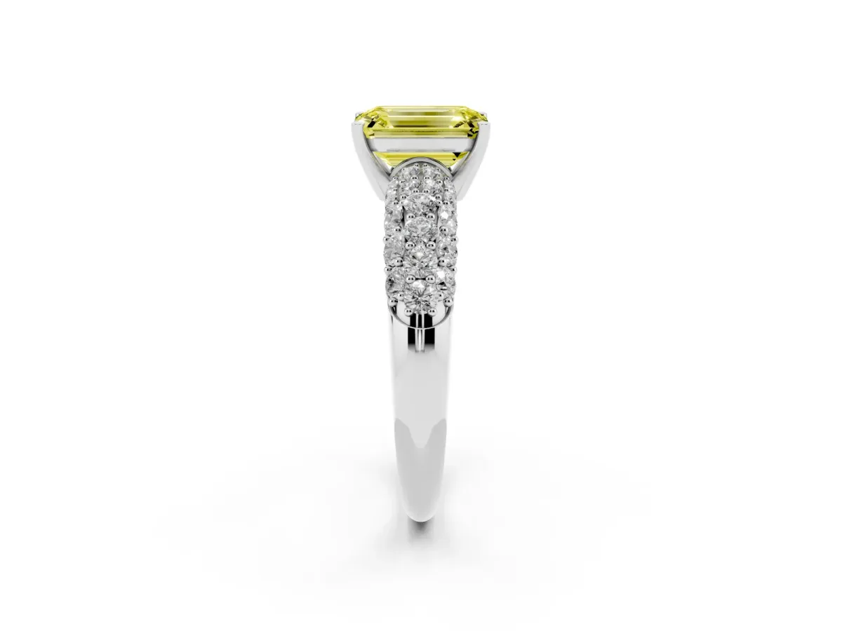 Fancy Yellow Emerald Cut Diamond Pavé Band Solitaire Ring with Four-Prong Setting White gold