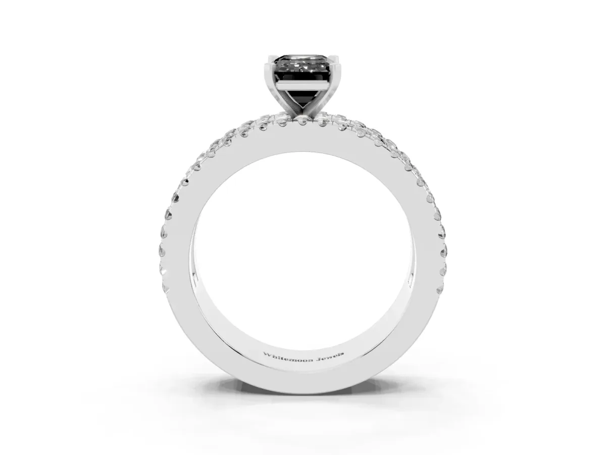 Fancy Black Emerald Cut Diamond Solitaire Ring with Pavé and Channel Set Band Silver
