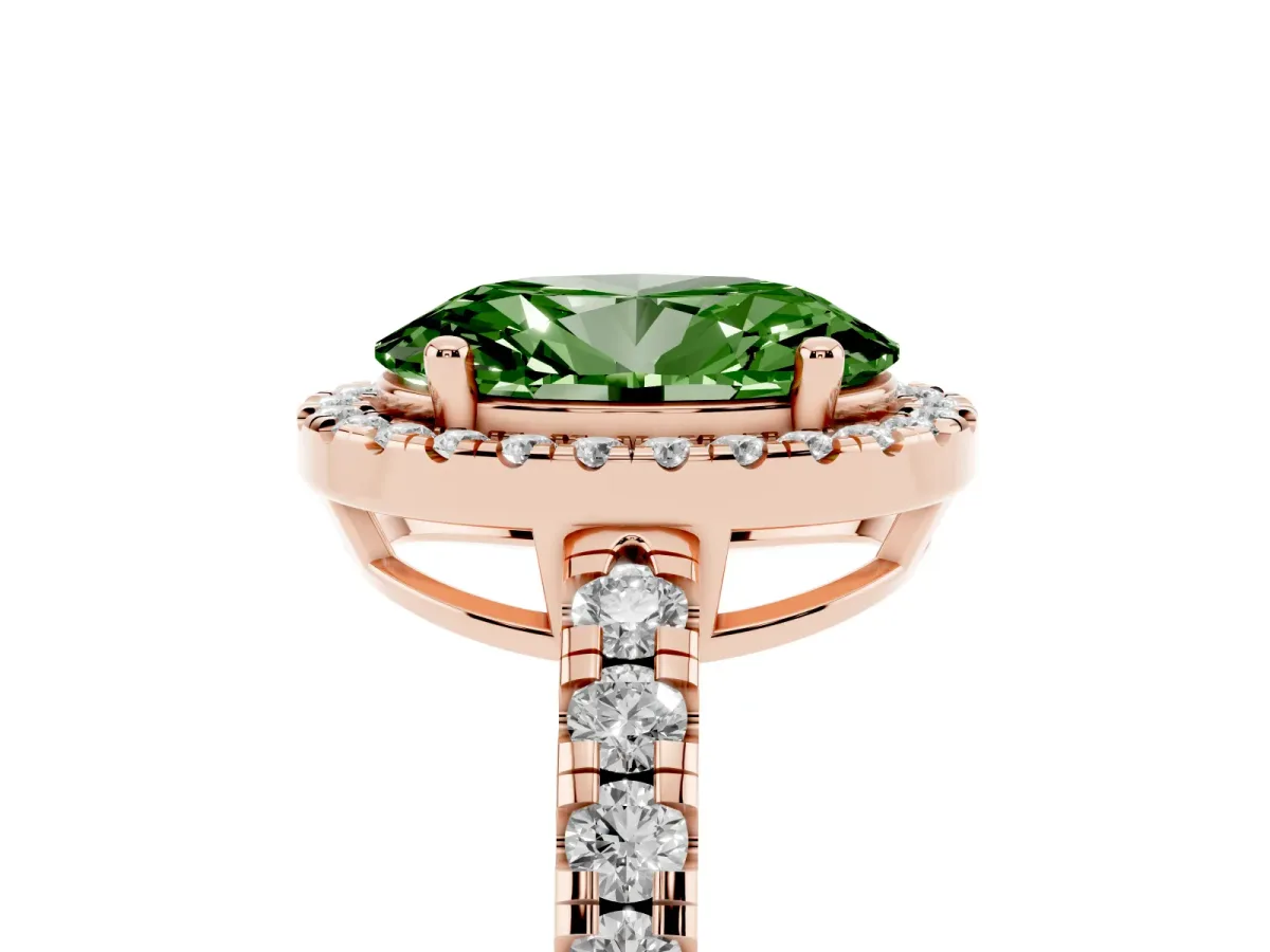 Fancy Green Oval Cut Diamond Halo Ring with Pavé Band and Four-Prong Setting Rose gold