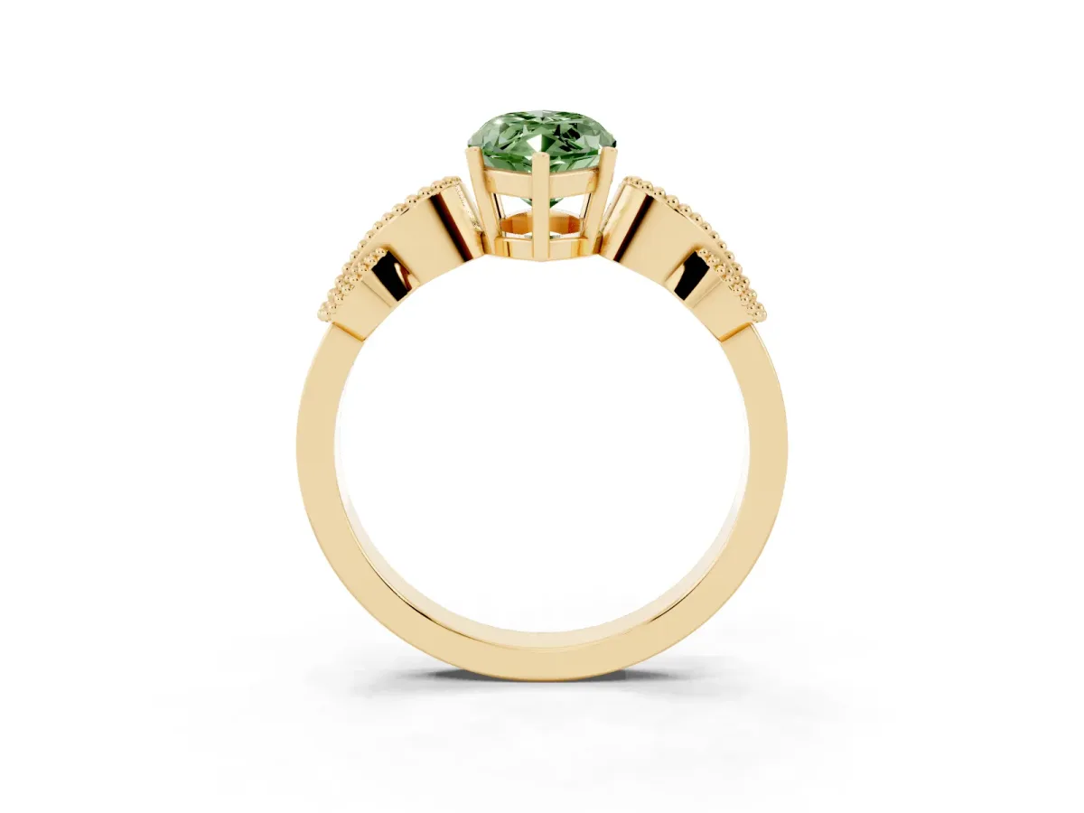 Fancy Green Marquise Cut Solitaire Milgrain Leaf Band with Prong Setting Yellow gold