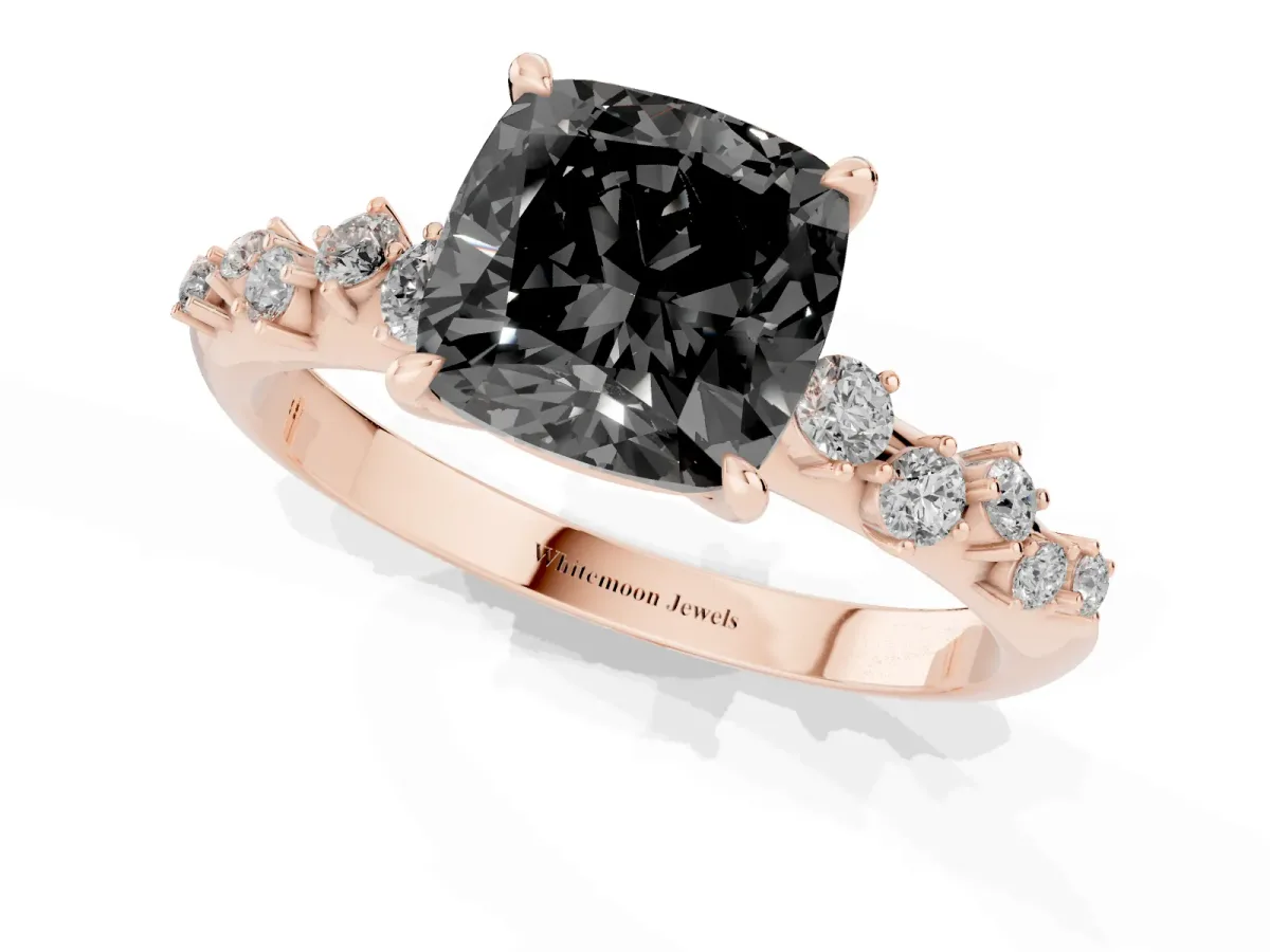 Fancy Black Cushion Cut Diamond Cluster Side Stone Solitaire Ring with Prong Setting Rose gold