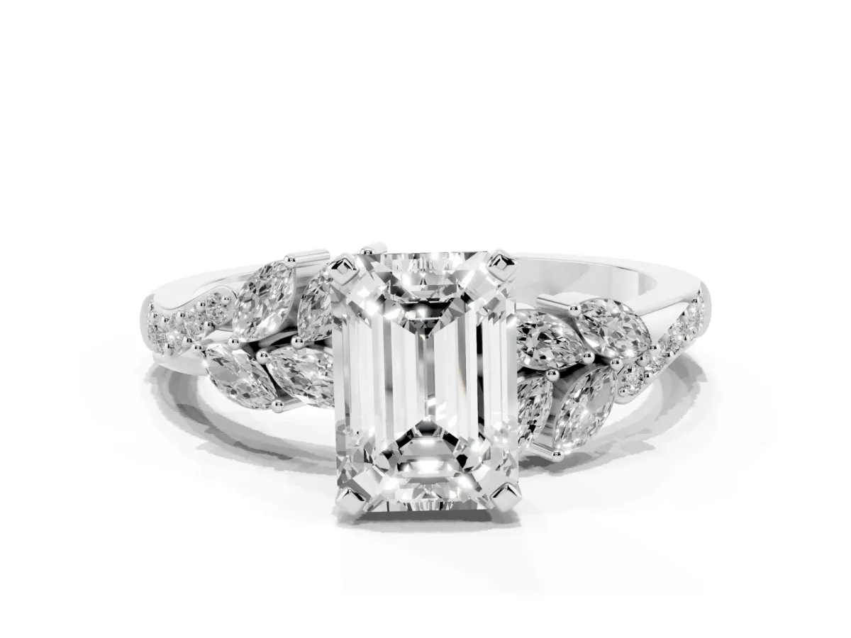 Emerald Cut Solitaire Marquise Twist Band with Six-Prong Setting Silver
