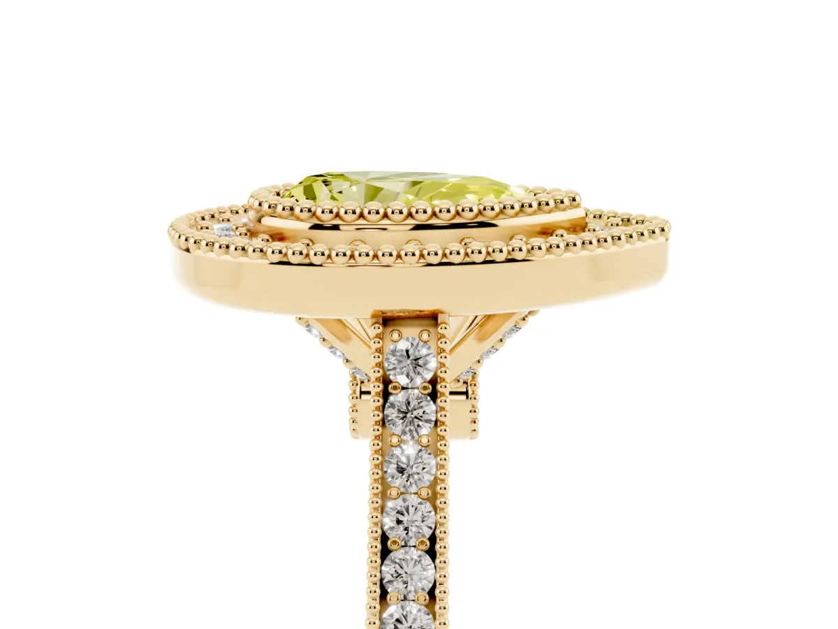 Fancy Yellow Pear Cut Diamond Halo Ring with Milgrain Frame and Pavé Band Yellow gold