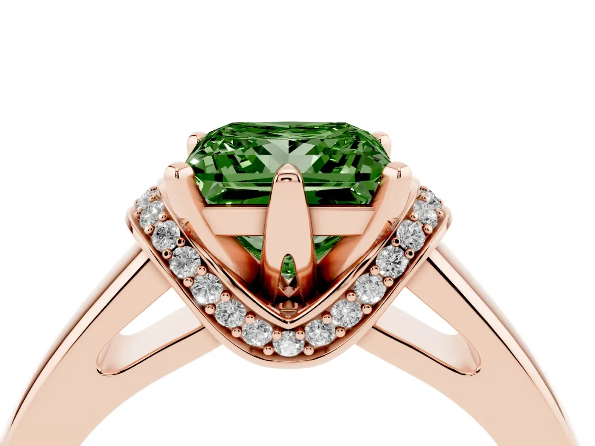 Fancy Green Princess Cut Solitaire Diamond Ring with Pave Band and Six-Prong Setting Rose gold