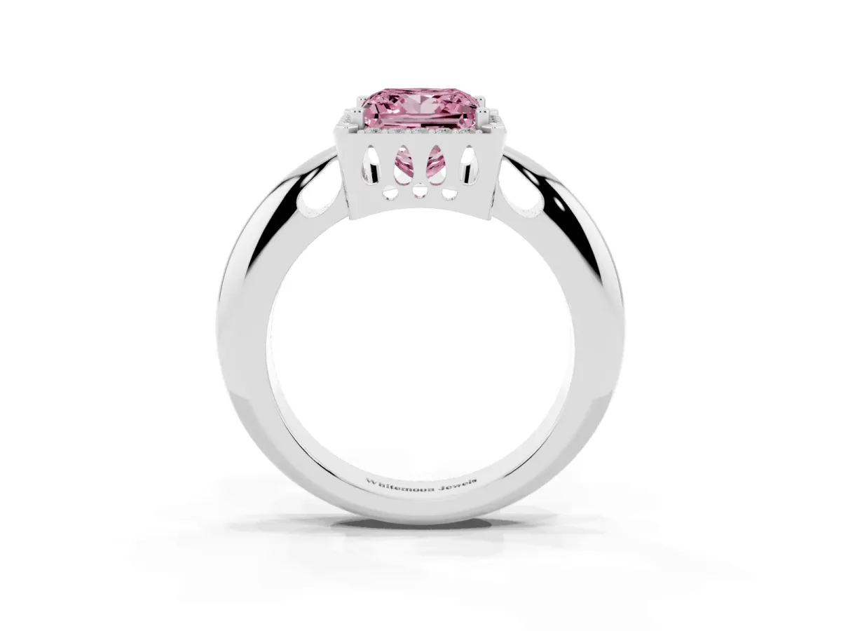 Fancy Pink Princess Cut Cut Diamond Halo Engagement Ring with Split Shank and Four-Prong Setting Silver