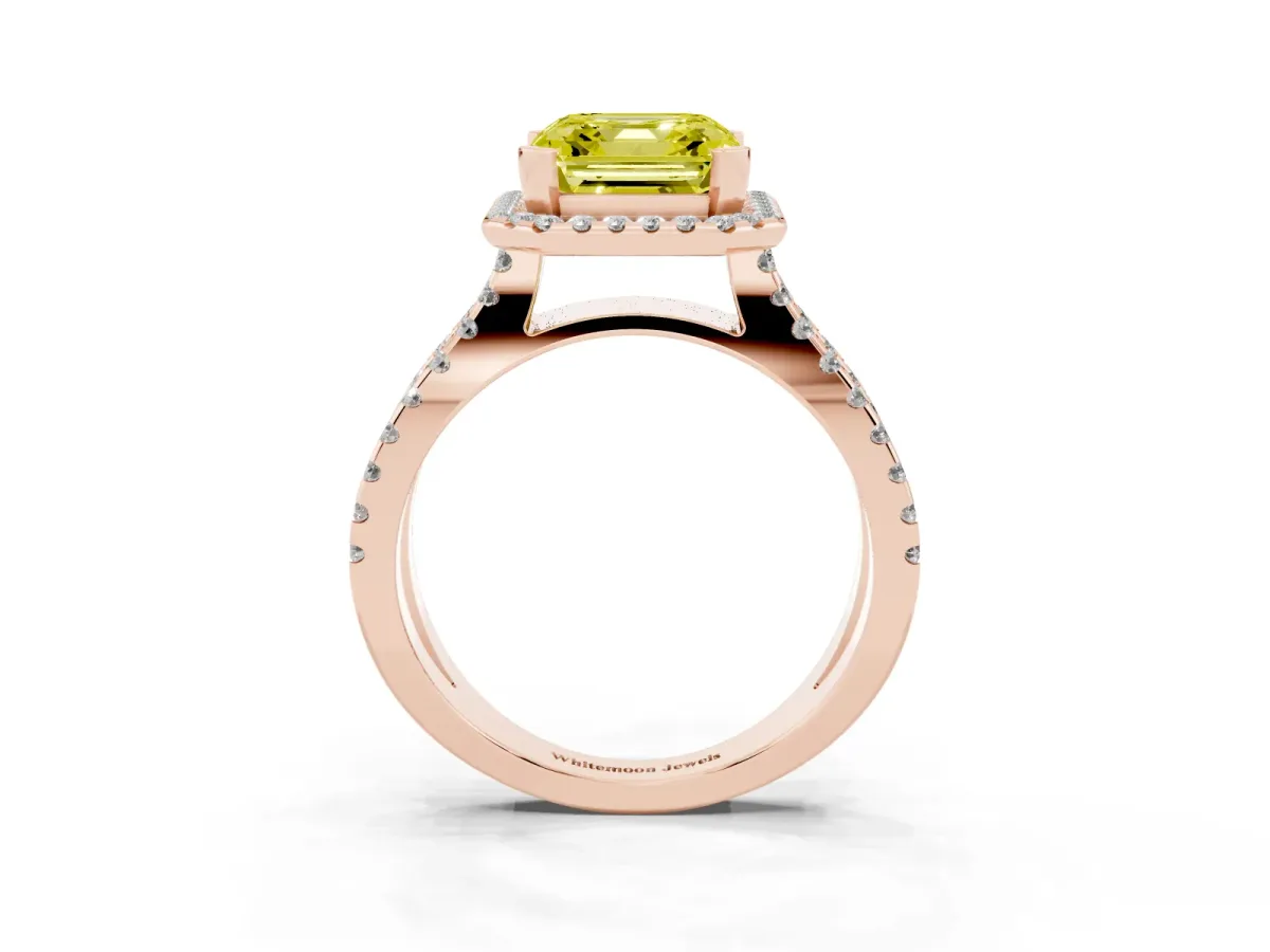 Fancy Yellow Asscher Cut Diamond Halo Ring with Split Shank Pavé Band and Prong Setting Rose gold
