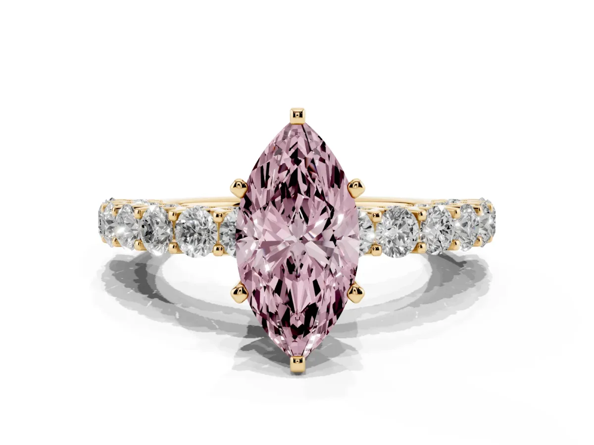 Fancy Pink Marquise Cut Diamond Solitaire Ring with Shared Prong Pavé Band and Four-Prong Setting Yellow gold