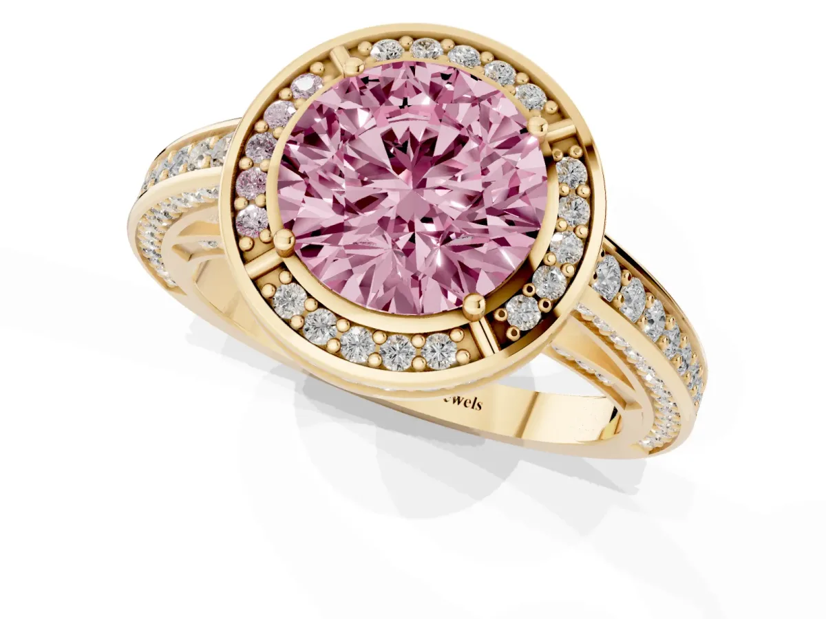 Fancy Pink Round Cut Cut Halo Pave Split Shank Prong Setting Ring Yellow gold